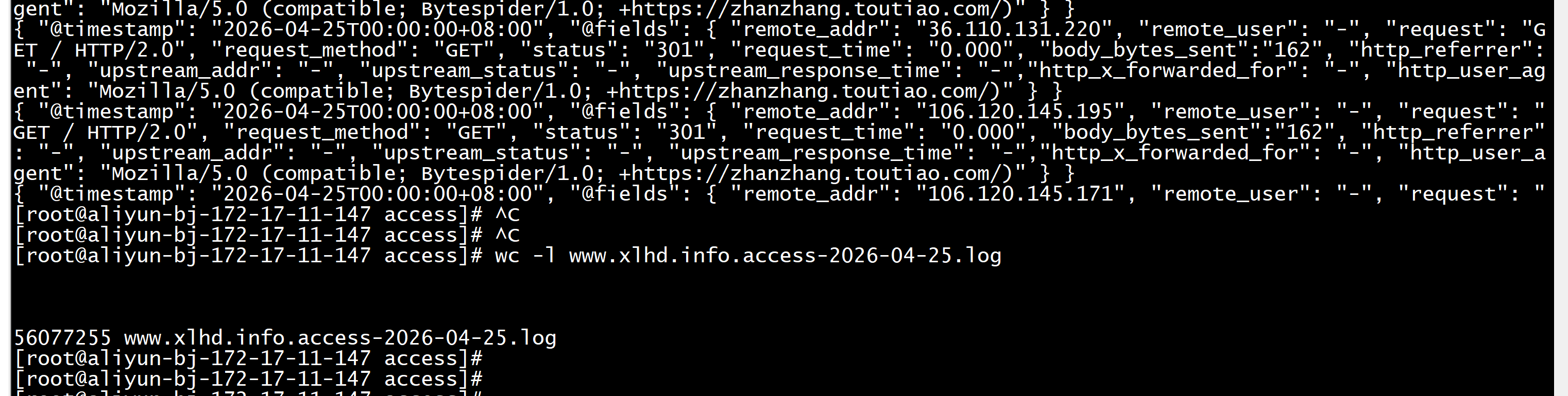 Bytespider 高并发抓取日志与请求峰值统计截图